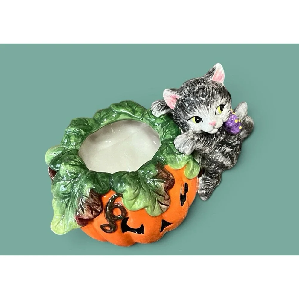 Fitz & Floyd Essentials Candy Bowl Halloween Pumpkin Black Cat Jack-O-Lantern